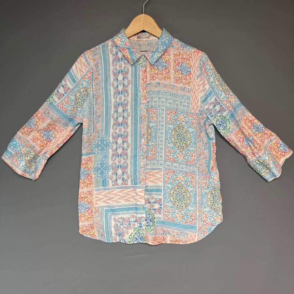 Chico's No Iron 100% Linen Shirt Womens 1 Medium 8‎ Tile Paisley 3/4 Sleeve Top